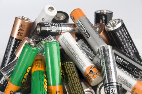 A close-up image displaying a mixture of used batteries, predominantly AA and AAA sizes, scattered on a plain surface. The batteries vary in color, including green, black, silver, white, orange, and copper tones, with some showing signs of wear and minor corrosion on the terminals. The batteries are arranged randomly, overlapping and lying at different angles, with some partially obscured. The background is neutral without any other objects or environmental context visible. This collection of batteries illustrates typical electronic waste that requires proper disposal or recycling, relevant to rubbish removal services such as those offered by Commercial Waste Barkingside in the local area near Barkingside, postcodes within Essex, highlighting the importance of responsible waste management.